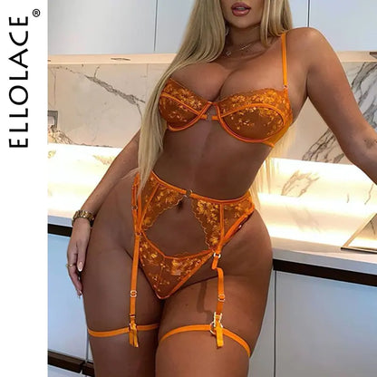 Ellolace Orange Lace Lingerie Set - 3-Piece Mesh Bra and Shorts