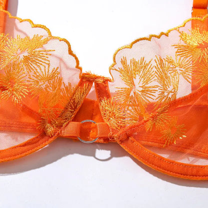 Ellolace Orange Lace Lingerie Set - 3-Piece Mesh Bra and Shorts