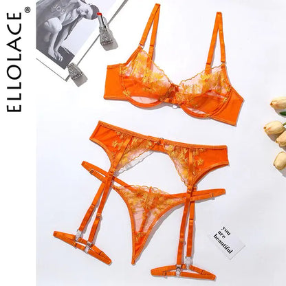 Ellolace Orange Lace Lingerie Set - 3-Piece Mesh Bra and Shorts
