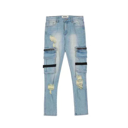 Washed Distressed Jeans with Destroyed Zipper Straps