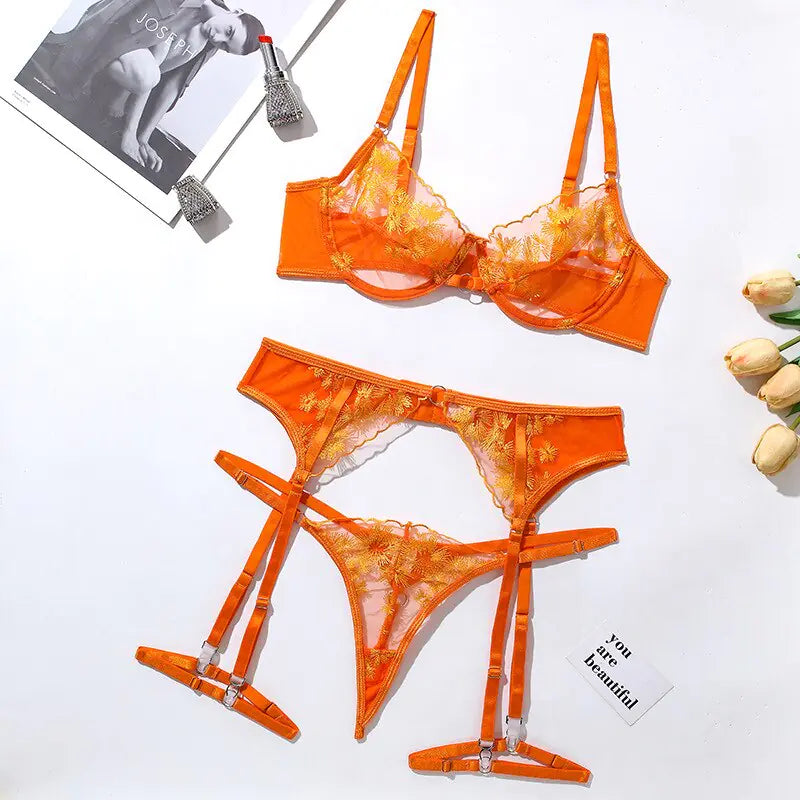 Ellolace Orange Lace Lingerie Set - 3-Piece Mesh Bra and Shorts